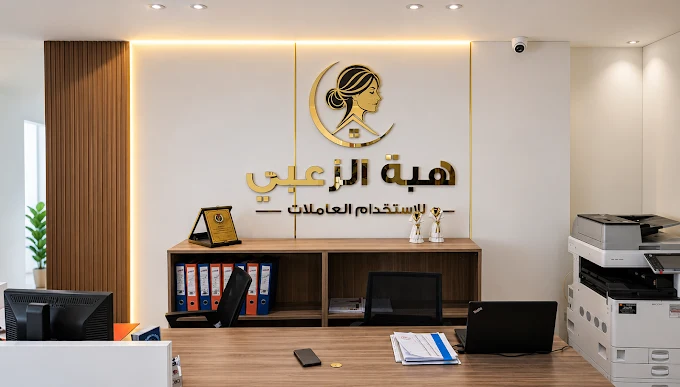 مكتب الاستقبال وشعار المؤسسة على الجدار